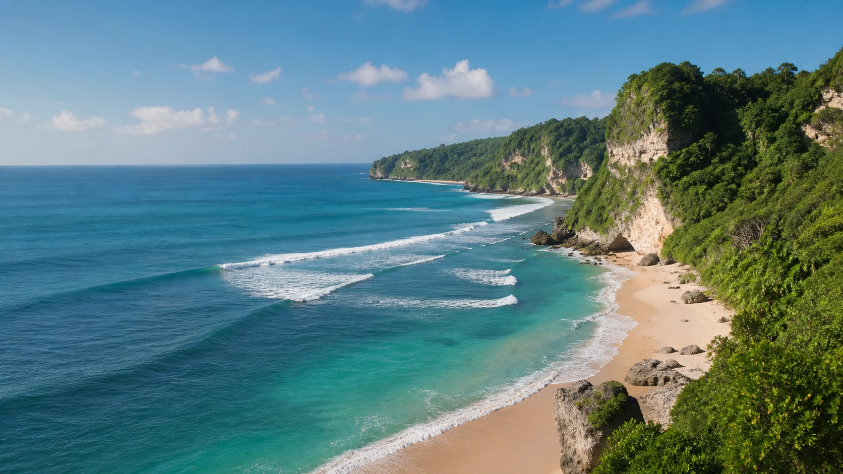 Ilustrasi pesisir berkarang dengan tebing hijau dan ombak biru, mewakili suasana pantai selatan Tepus