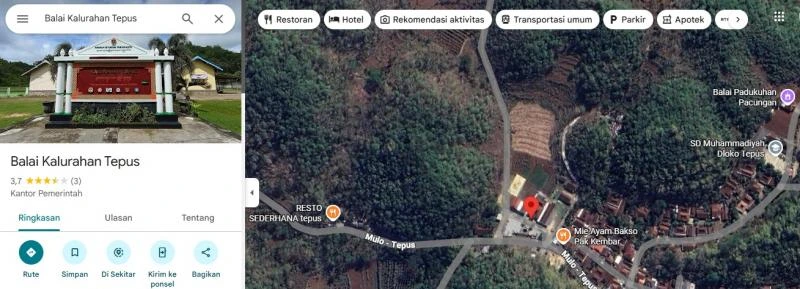 Peta lokasi Balai Kalurahan Tepus di jalur Mulo-Tepus
